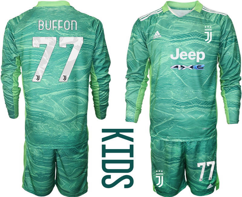 Youth 2021-2022 Club Juventus green Goalkeeper Long Sleeve #77 Adidas Soccer Jersey->juventus jersey->Soccer Club Jersey